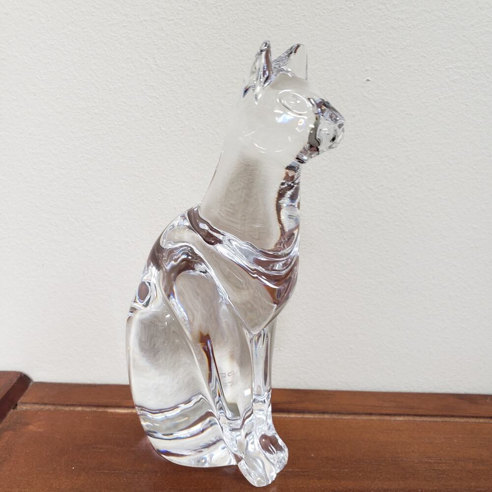 Signed Daum France Crystal Sitting Cat Siamese Sphynx Paperweight 6.75"